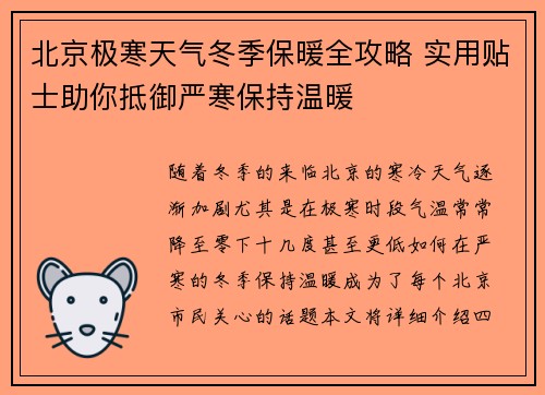 北京极寒天气冬季保暖全攻略 实用贴士助你抵御严寒保持温暖